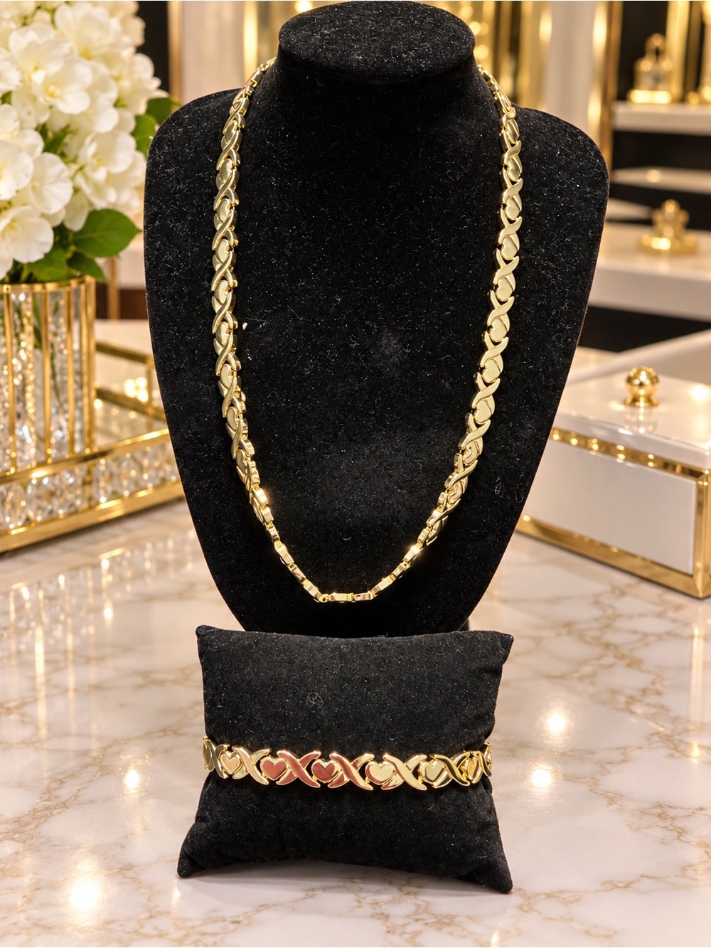 Gold plated Link Necklace and Bracelet Set - Elegant Women's Jewelry